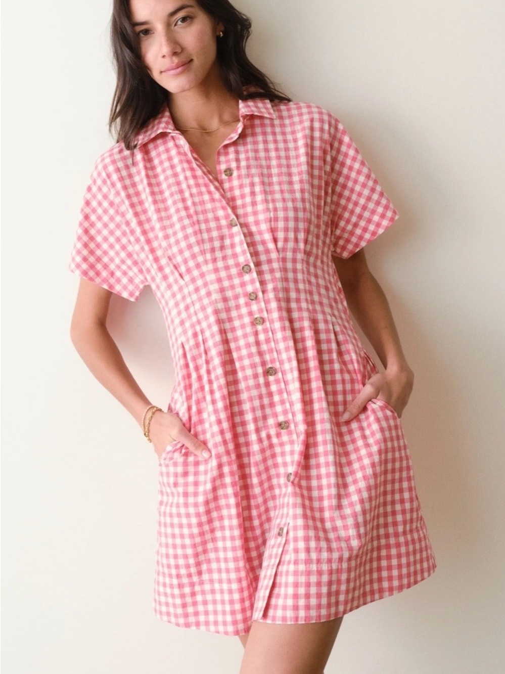 Marine Layer Pink Gingham Button-Front Mini Dress